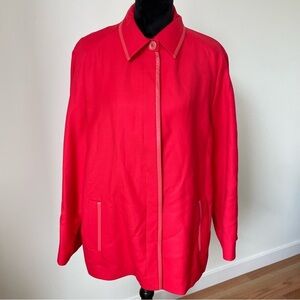 Louis Feraud Coral Pink Virgin Wool Leather Trimmed Hidden Button Jacket Size 14